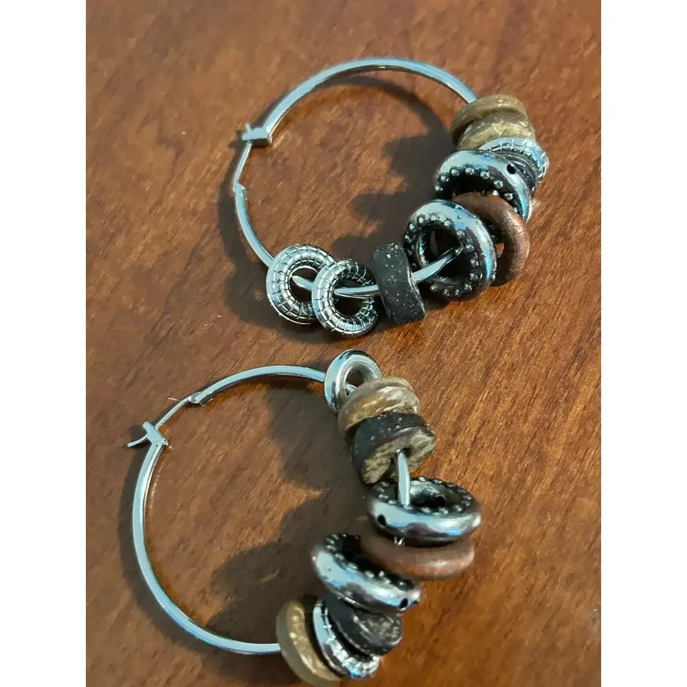 Boho Coconut Wood Silver Hoop Earrings 2